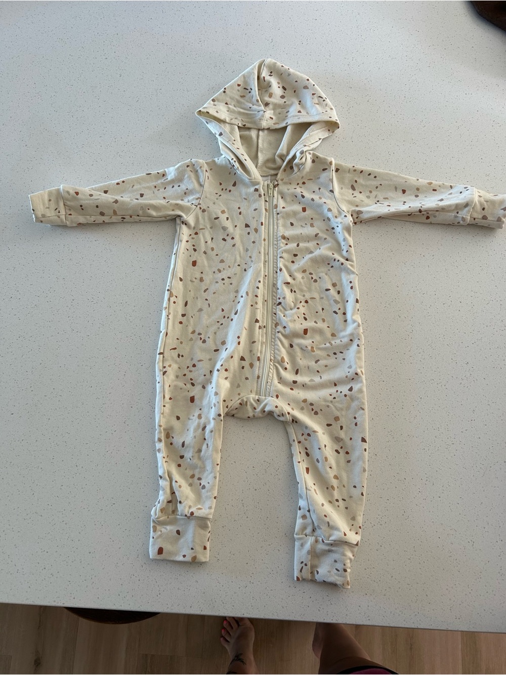 Jax and Lennon Cream Hooded Baby One-Piece Romper with Neutral Speckle Print